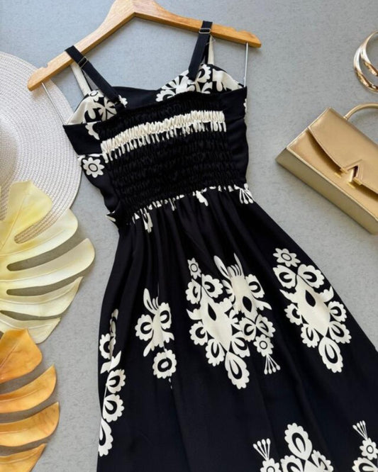 Floral Print Bandeau Sleeveless Tied Detail Vacation Dress Casual Slit A Line Midi Dress