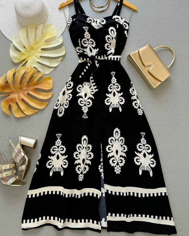 Floral Print Bandeau Sleeveless Tied Detail Vacation Dress Casual Slit A Line Midi Dress