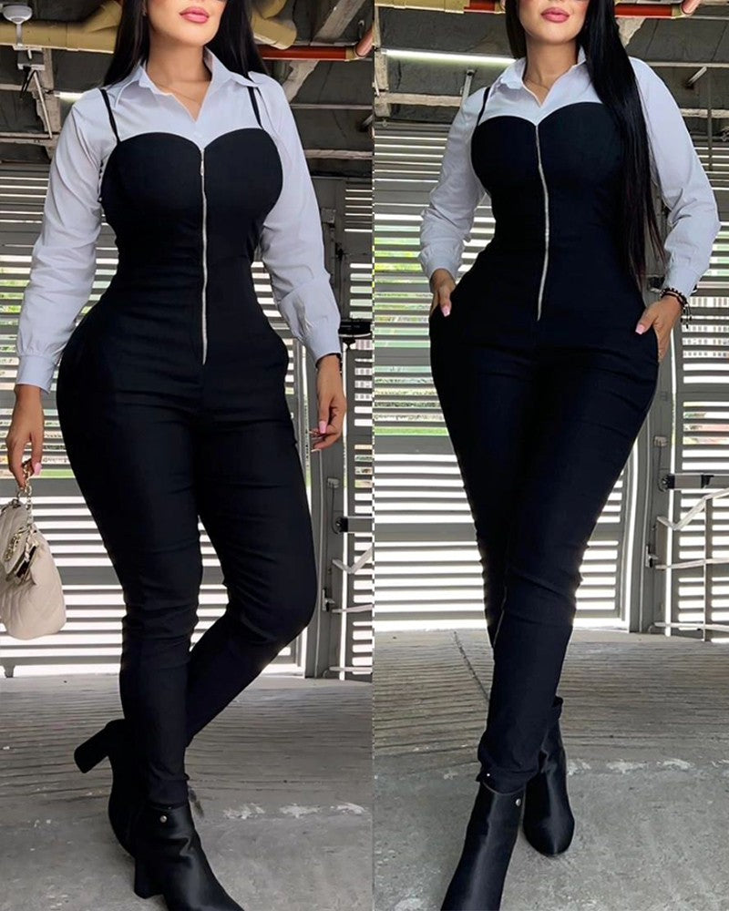 Sweatheart Neck Spaghetti Strap Zip Up Pocket Design Skinny Jumpsuit