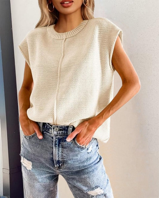 Round Neck Cap Sleeve Sweater Top Casual Loose Fit Summer Pullover Top