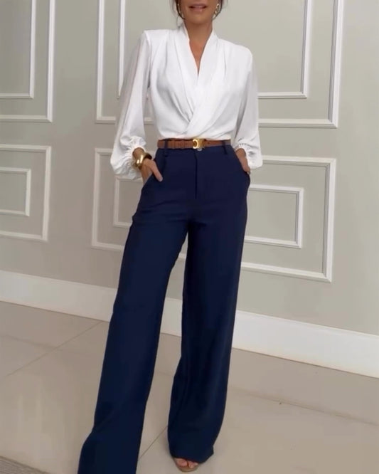 Overlap V Neck Lantern Sleeve Padded Shoulders 2 In 1 Blouse Casual Ruched Elastic Hem Crop Top