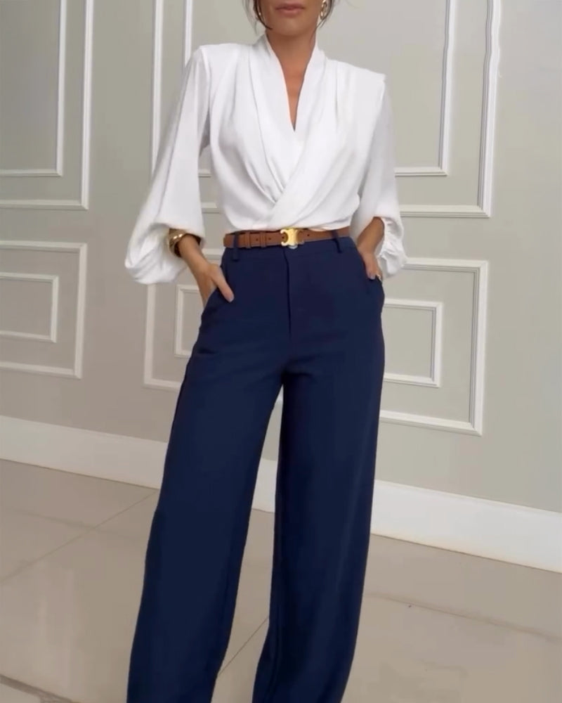 Overlap V Neck Lantern Sleeve Padded Shoulders 2 In 1 Blouse Casual Ruched Elastic Hem Crop Top