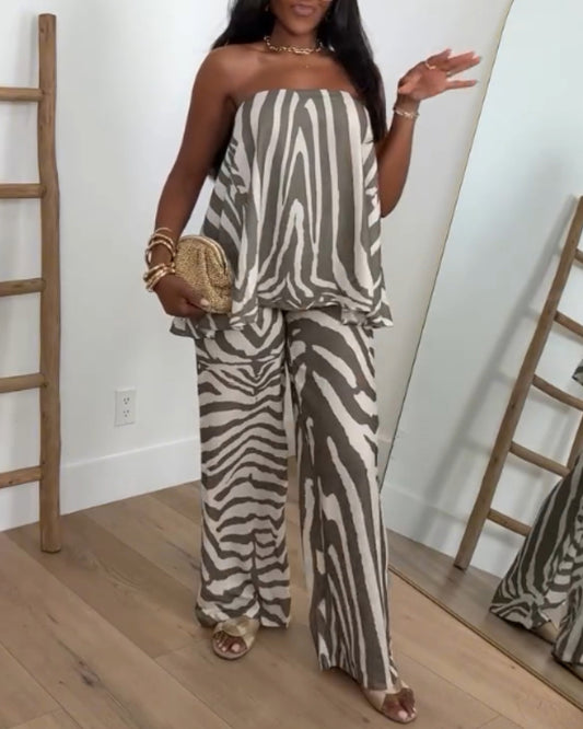 2 Pieces Outfit Zebra Stripe Print Stretchy Trim Loose Bandeau Top and Casual Elastic Back Waist Wide Leg Pants Set