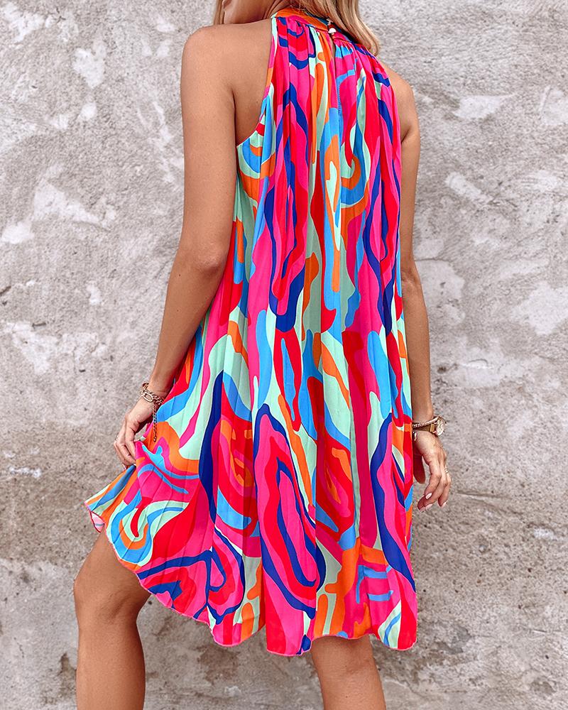 Abstract Print Sleeveless Pleated Casual Dress