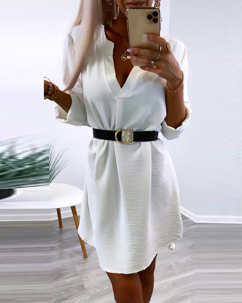 V Neck Roll Tab Sleeve Casual Mini Dress