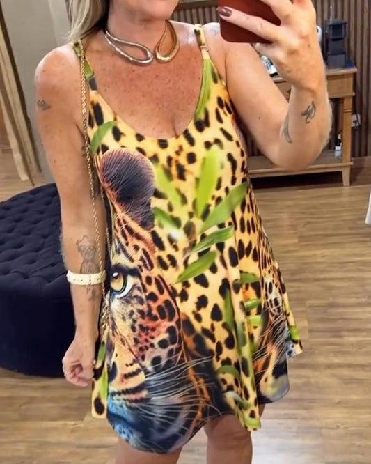 Tribal Print Plunge V Neck Spaghetti Strap Mini Dress Casual A Line Vacation Dress