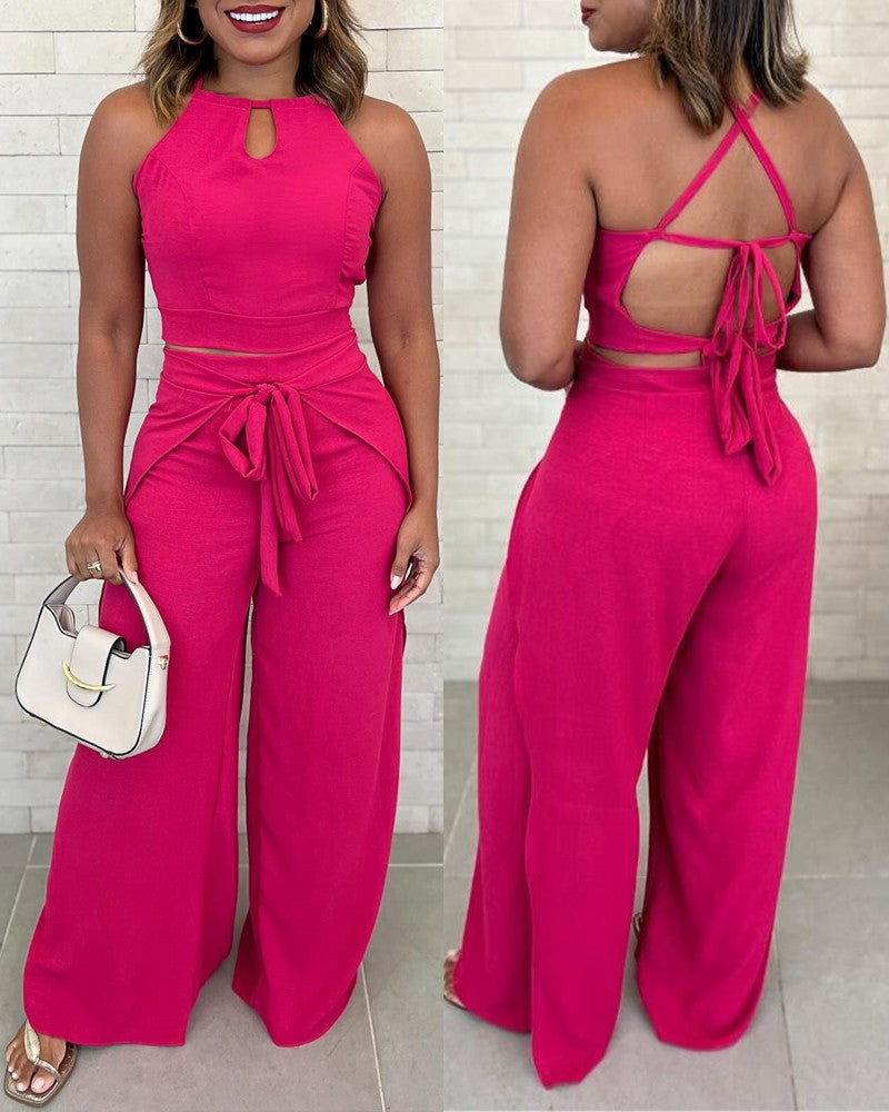2 Pieces Summer Outfits Halter Sleevelss Hollow Out Top and Casual Faux Two Piece Tied Detail Wide Leg Pants Set