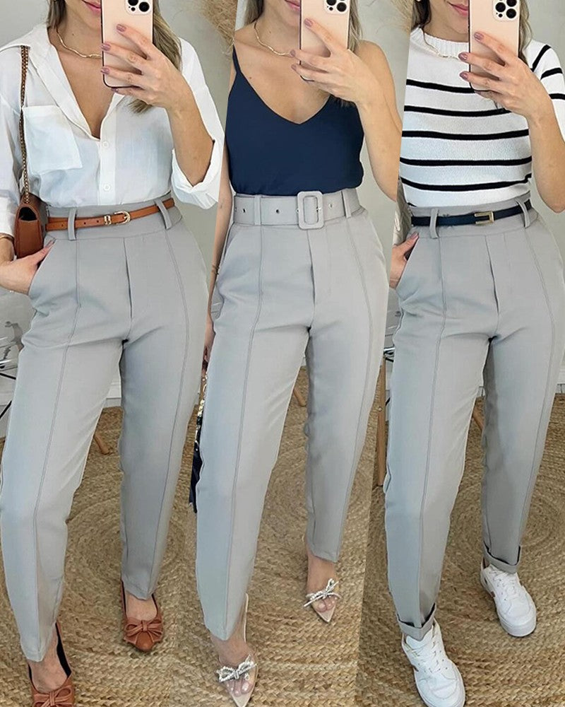 High Waist Pocket Design Pants Casual Slim Fit Work Pants