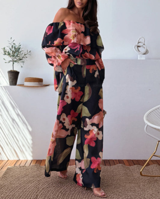 2 Pieces Outfit Floral Print Elastic Off Shoulder Ruffle Cuffs Top and Casual Elastic Back Waist Wide Leg Pants Set