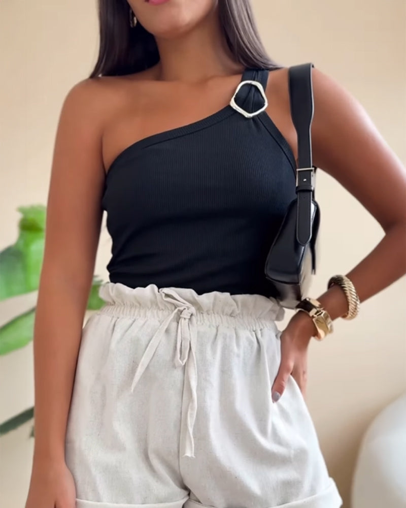 One Shoulder Goldren Decor Casual Slim Fit Ribbed Top