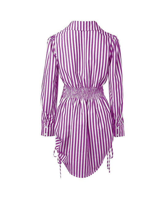 Striped Button Down Shirt Dress Back Shirred Long Sleeve Side Drawstring Mini Dresses