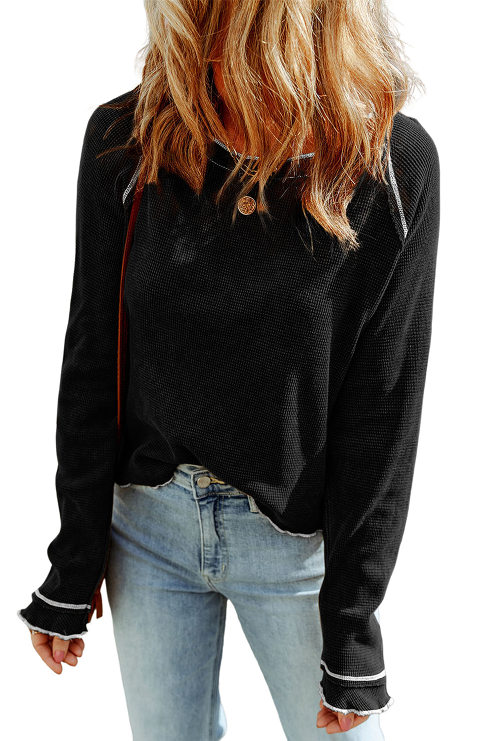 Black Textured Round Neck Long Sleeve Top