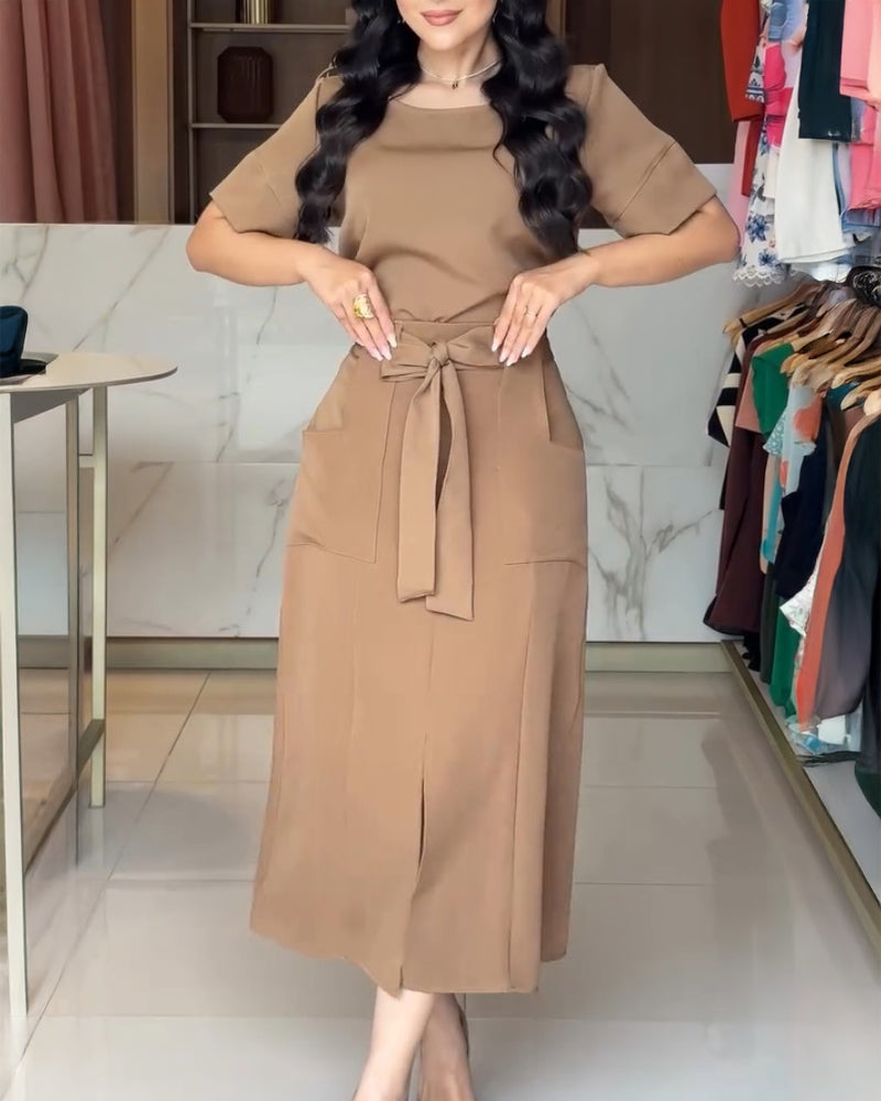 2 Pieces Outfit Round Neck Short Sleeve Top and High Waist Slit Skirt Set With Pockets