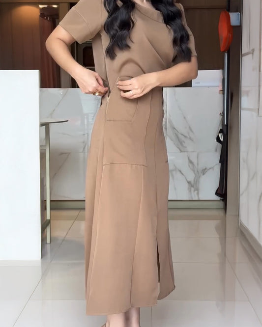 2 Pieces Outfit Round Neck Short Sleeve Top and High Waist Slit Skirt Set With Pockets