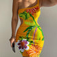 Striped Tropical Print One Shoulder Bodycon Dress