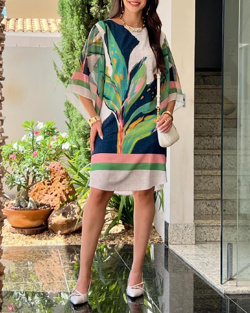 Plants Print Three Quarters Casual Mini Dress