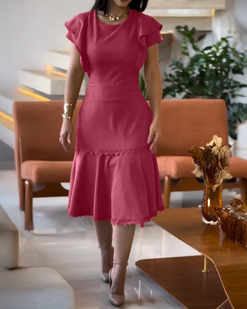 Butterfly Sleeve Hollow out Back Shirred Work Dress Casual Cinched Waist Lace Trim Ruffle Hem Dress