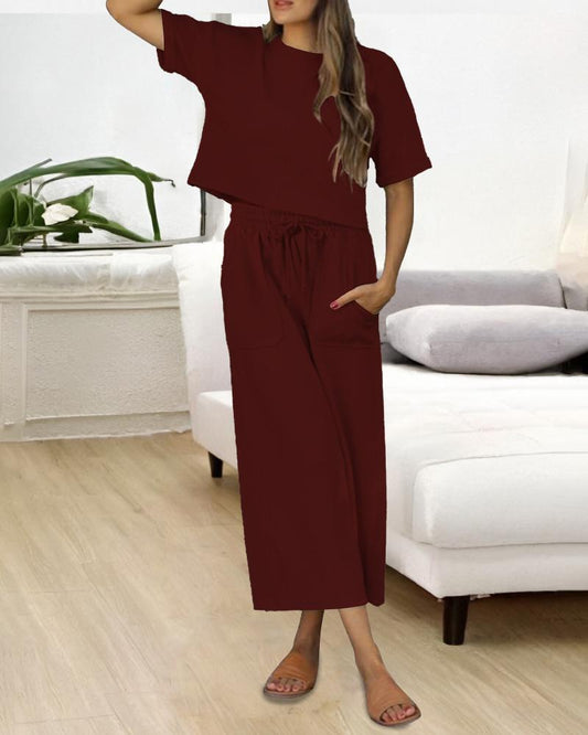 2 Piece Outfits Round Neck Short Sleeve Pullover Tops and Casual Drawstring Wide Leg Pants Lounge Sets