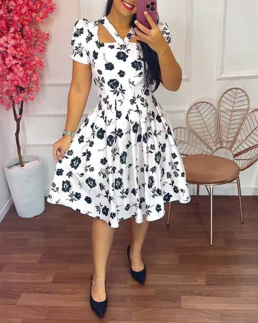 Floral Print Square Neck Short Sleeve Casual Dress