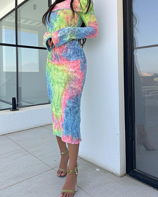 Ombre Print Off Shoulder Long Sleeve Knit Bodycon Dress Casual Hollow Out High Strechy Midi Dress