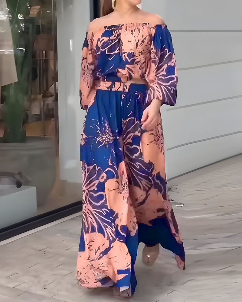 Floral Print Off Shoulder Lantern Sleeve Top and Casual Floral Pants Set