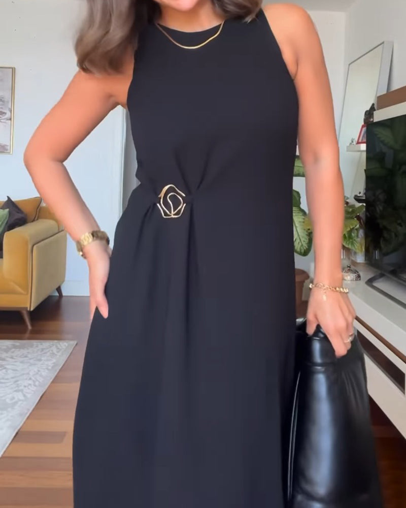 Round Neck Sleeveless Mental Buckle Casual Slit Slim Fit Maxi Dress