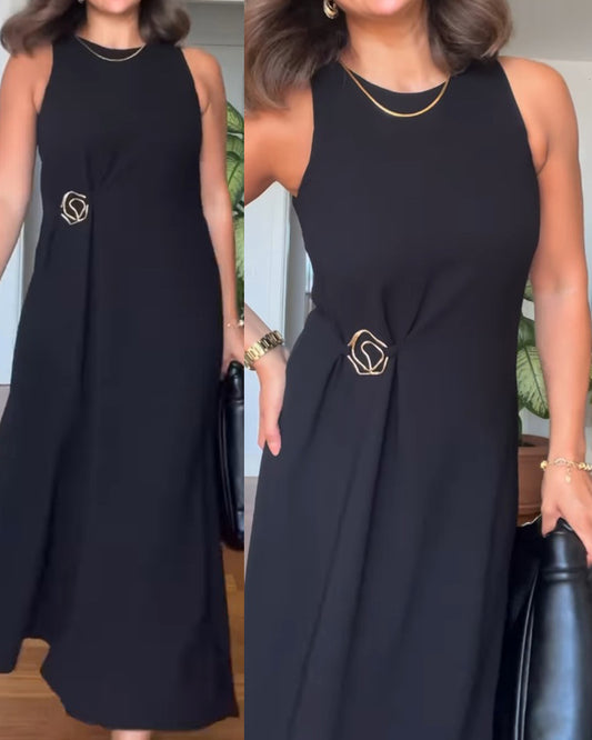 Round Neck Sleeveless Mental Buckle Casual Slit Slim Fit Maxi Dress