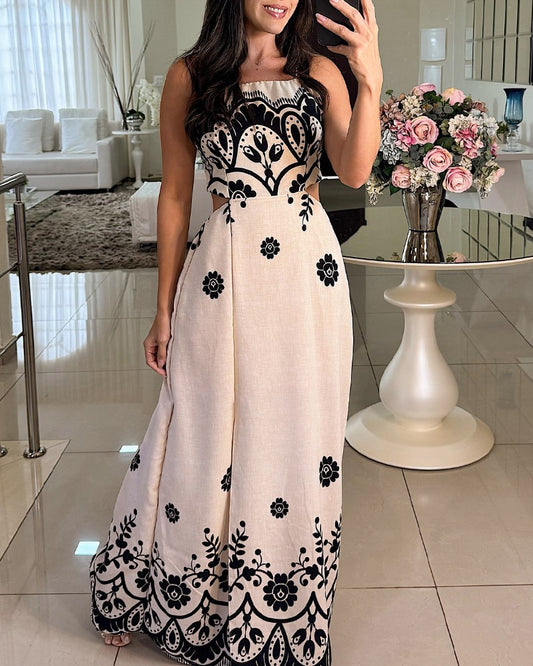 Floral Print Bandeau Backless Tied Detail Dress Casual A Line Maxi Dress