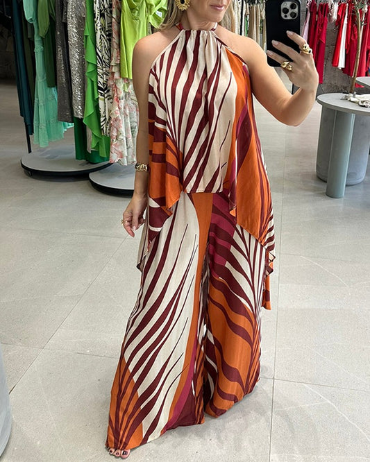 2 Pieces Vacation Outfits Floral Print Halter Lace up Slit Top and Casual Wide Leg Pants Set