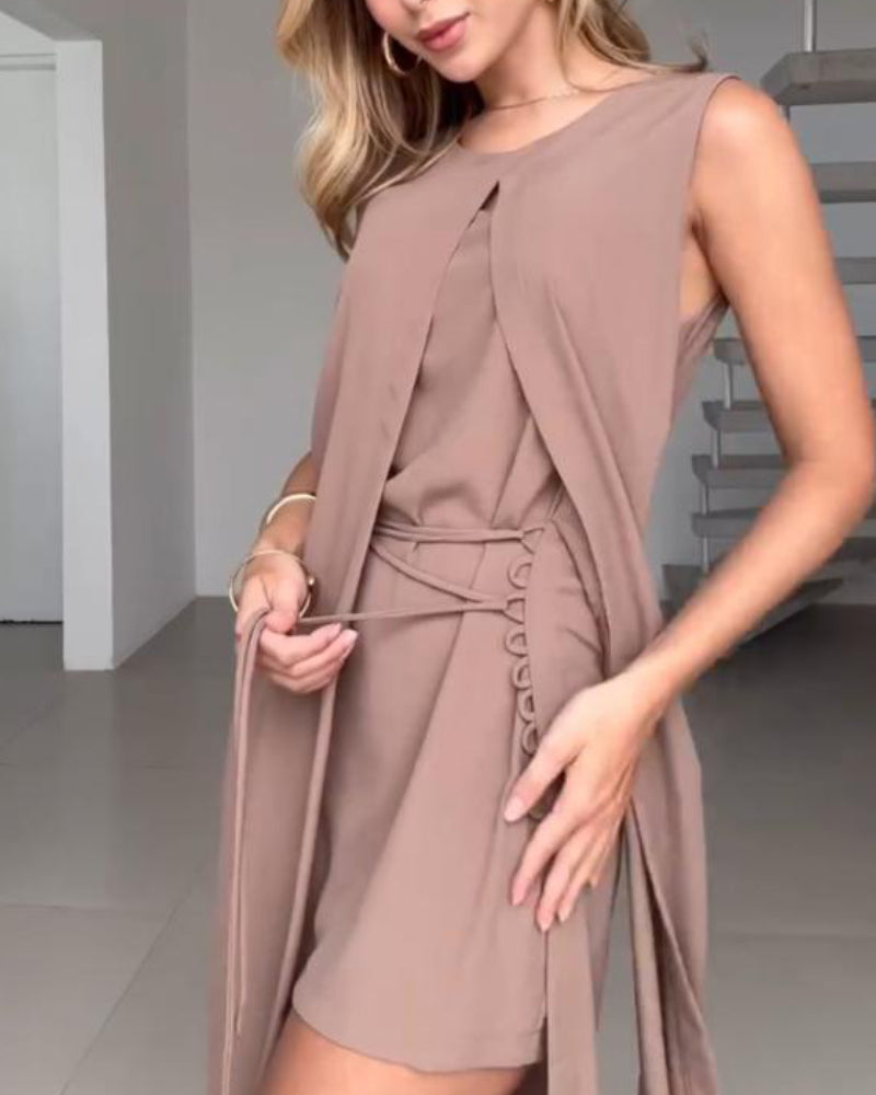 Sleeveless Tied Detail Mini Dress Casual Waist Lace Up Dress