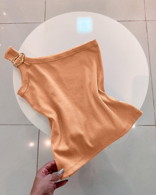 One Shoulder Goldren Decor Casual Slim Fit Ribbed Top