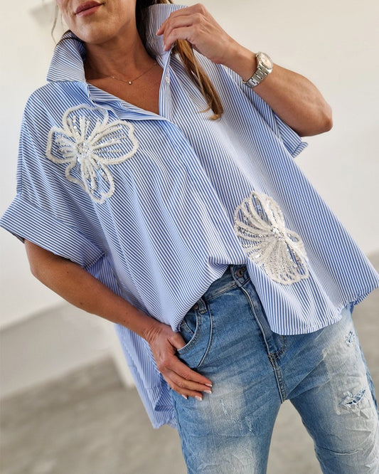 Floral Pattern Striped Contrast Sequin Asymmetrical Hem Top