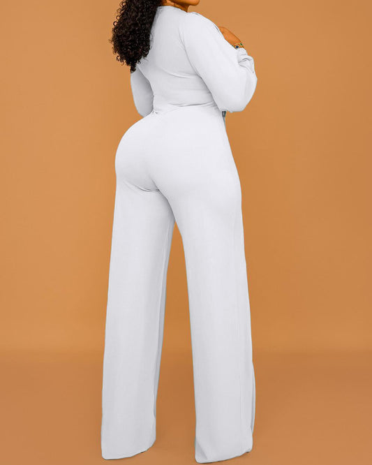 Long Sleeve Cowl Neck Elegant Jumpsuit Casual Wide Leg Button Decor Slit Romper