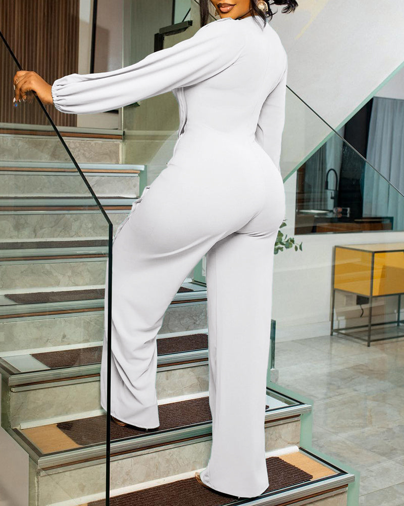 Long Sleeve Cowl Neck Elegant Jumpsuit Casual Wide Leg Button Decor Slit Romper