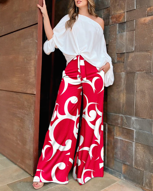 Skew Neck Lantern Sleeve Top amd Casual Abstract Print Pocket Design Wide Leg Pants Set