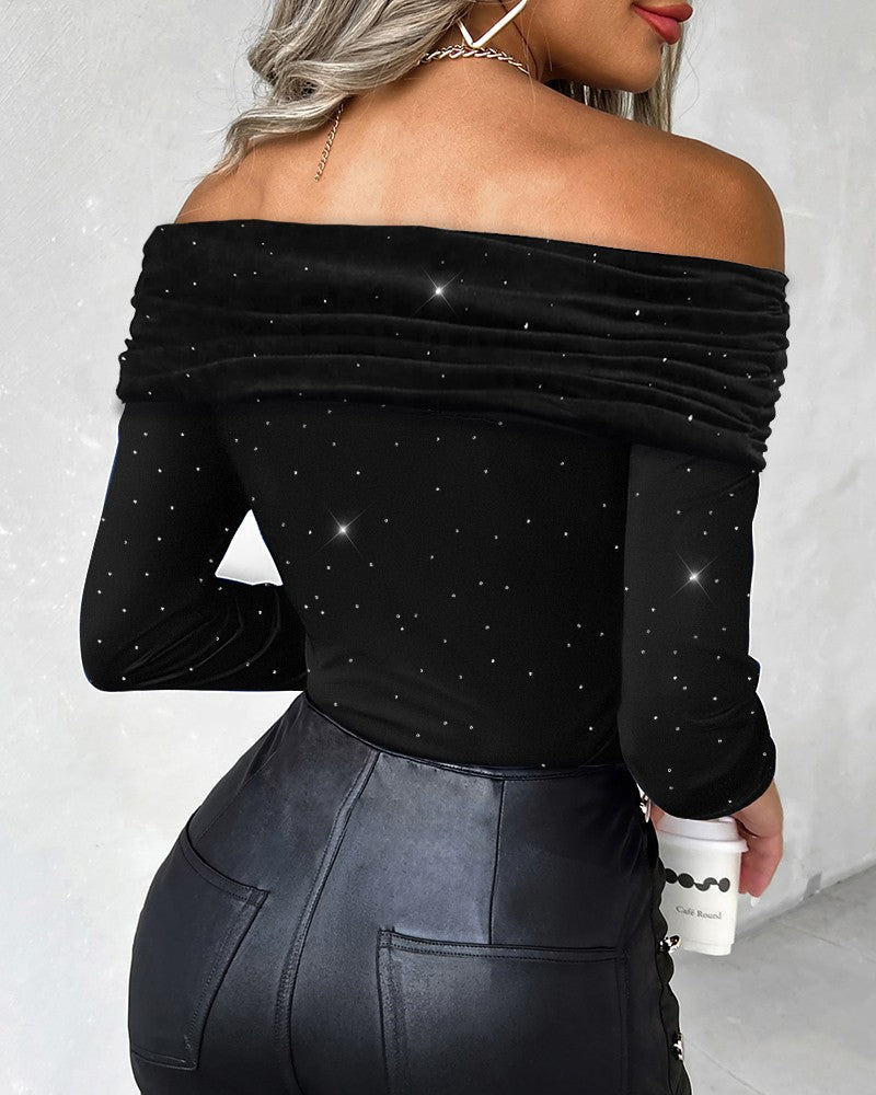Off Shoulder Long Sleeve Rhinestone Decor Top