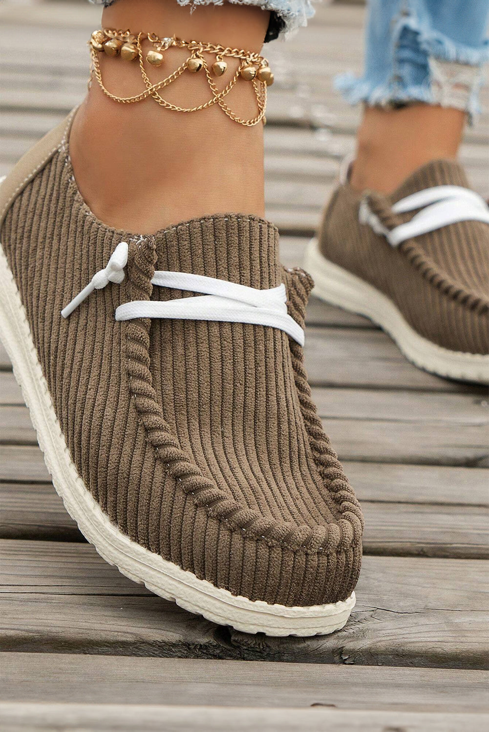 Coffee Solid Ribbed Criss Cross Slip On Casual Shoes