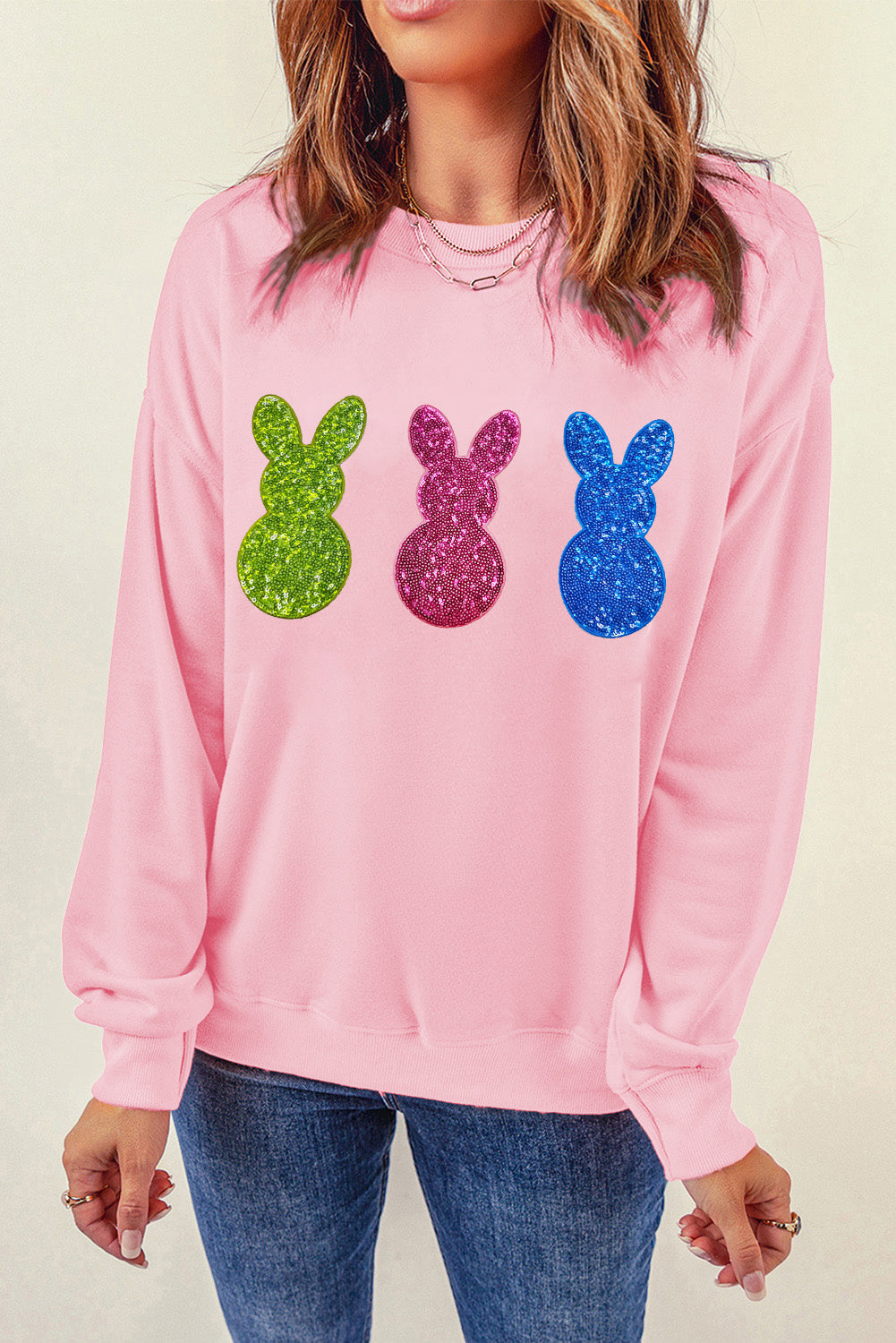 Pink Easter Bunny Patched Drop Shoulder Sweatshirt