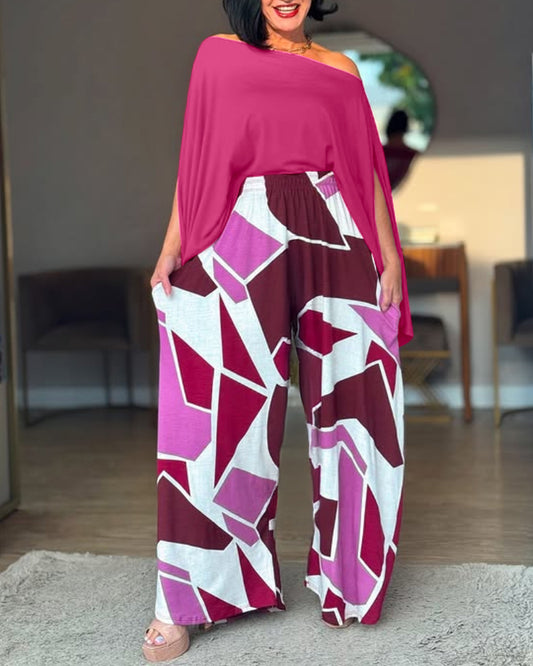 Cold Shoulder Batwing Sleeve Top and Colorblock Wide Leg Pants Set