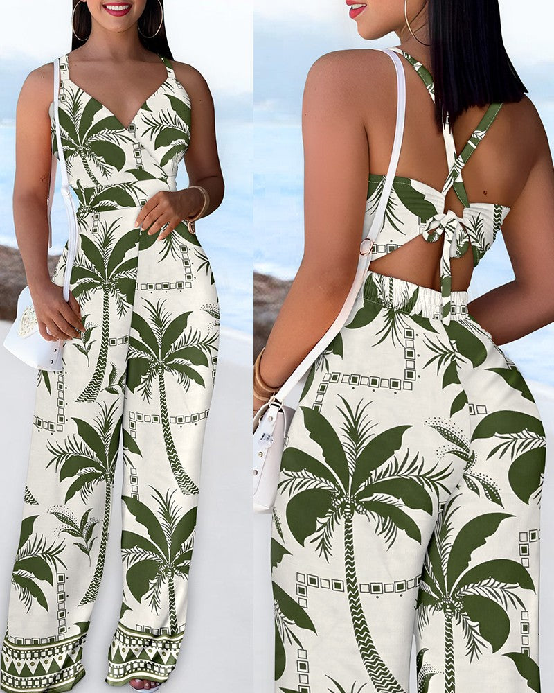 Floral Print V Neck Spaghetti Strap Jumpsuit Casual Back Tied Detail Vacation Romper