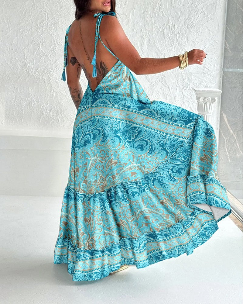 Floral Print V Neck Lace Up Spaghetti Strap Maxi Dress Casual A Line Smocked Dress