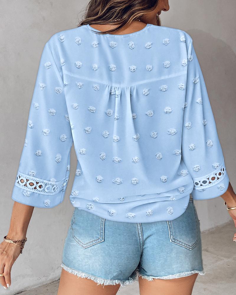 Large Swiss Dot Lace Hollow out V neck Flare Sleeve Casual Blouse Top