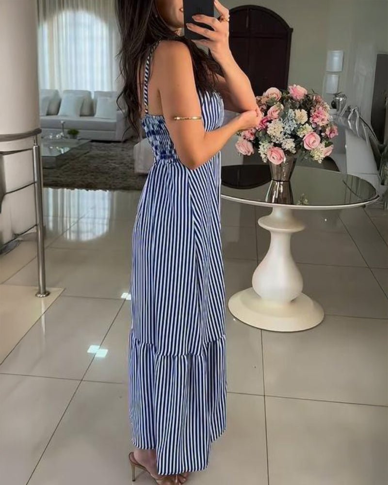 Striped Print V Neck Button Front Dress Casual A Line Spaghetti Strap Dress