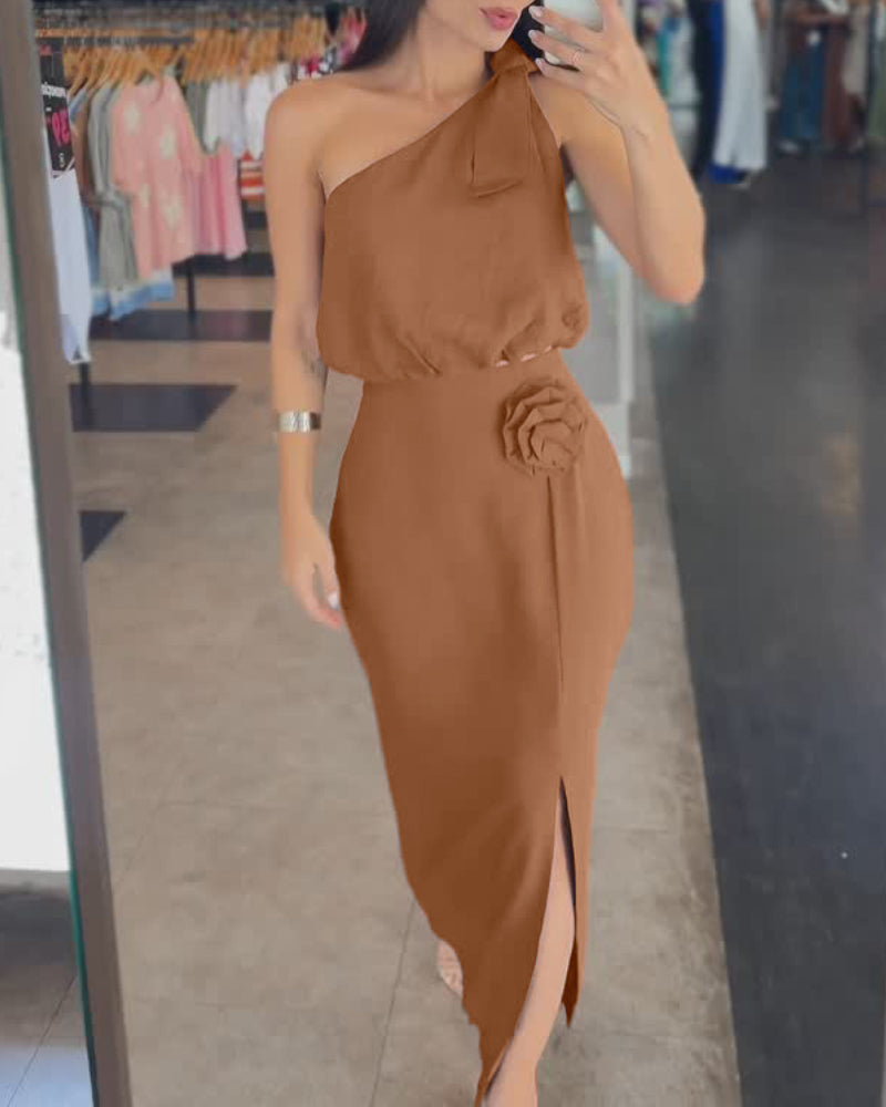 2 Pieces Outfit Asymmetrical Neck Sleeveless Elastic Waist Top and 3D Print Design High Waist Slit Dress