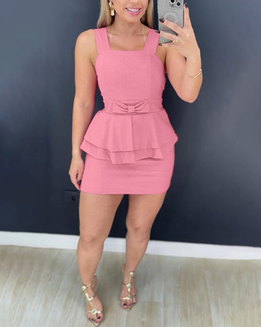 Thick Strap Waist Bowknot Decor Mini Dress Sexy Ruffles Bodycon Dress