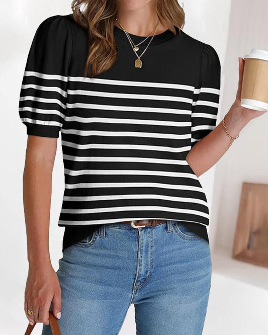 Striped Print Round Neck Puff Sleeve Sweater Caual Loose Fit Work Top