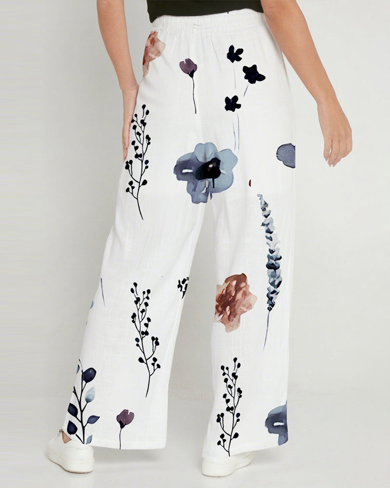Floral Print High Waist Wide Leg Pants Casual Waist Lace Up Linen Pants with Pockets