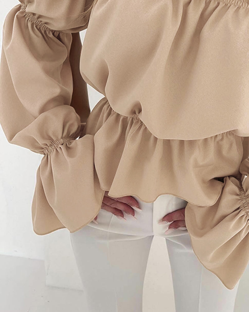 Off the Shoulder Frill Hem Puff Sleeve Blouse Casual Waist Ruched Chiffon Top