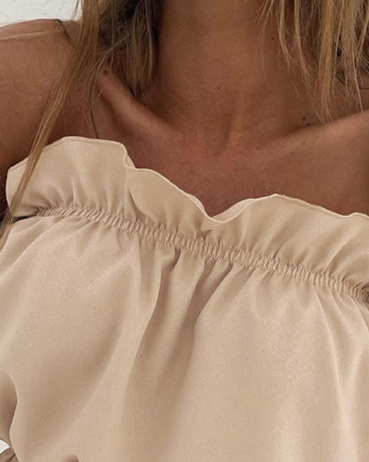 Off the Shoulder Frill Hem Puff Sleeve Blouse Casual Waist Ruched Chiffon Top