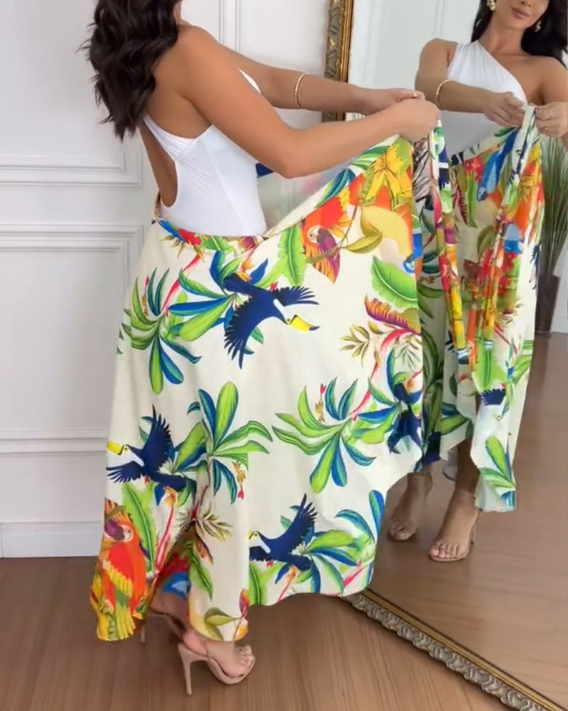 High Waist Tropical Print Tied Detail Skirt